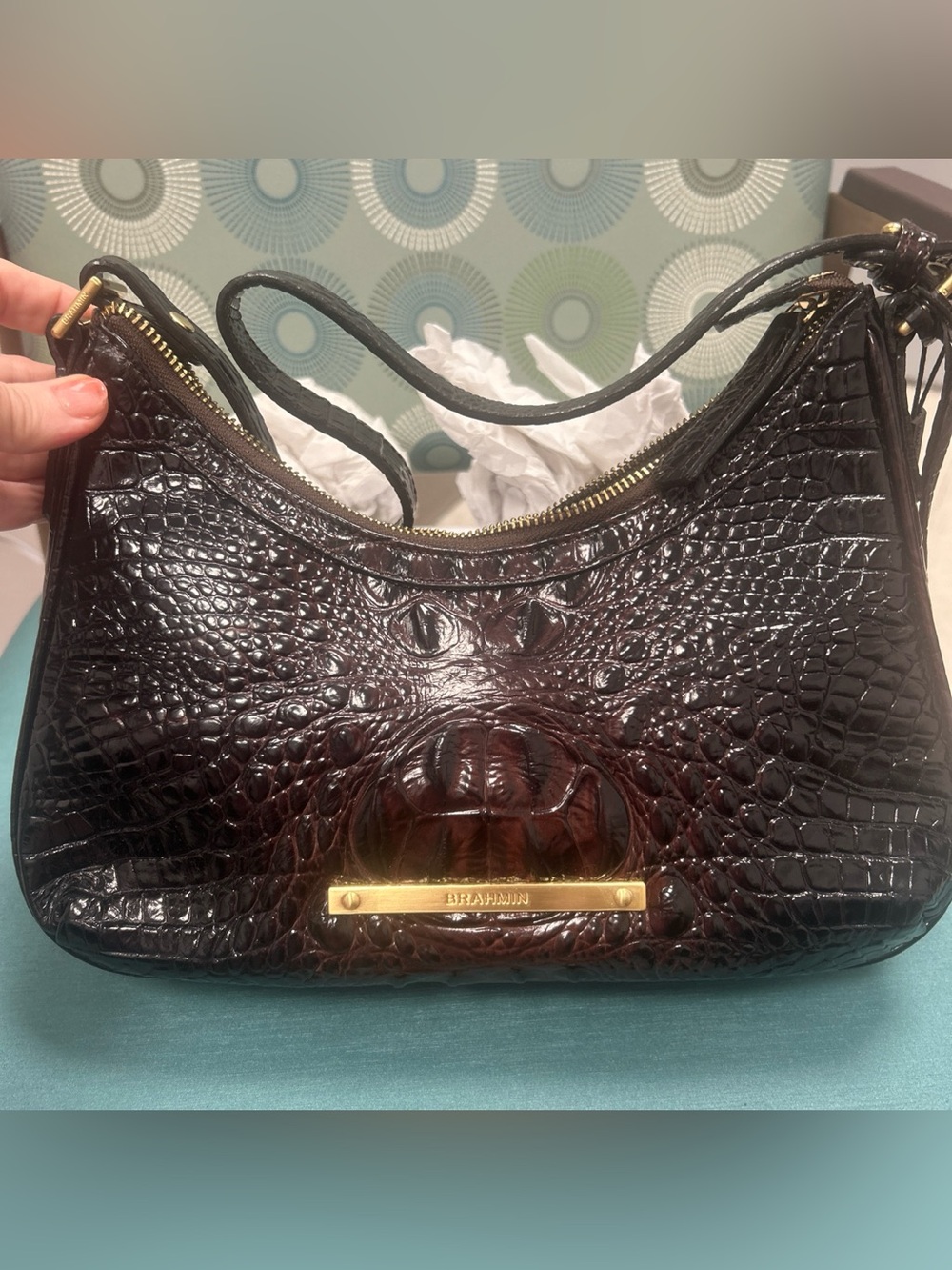 Brahmin Glossy Croc-Embossed Shoulder Bag in Dark Brown